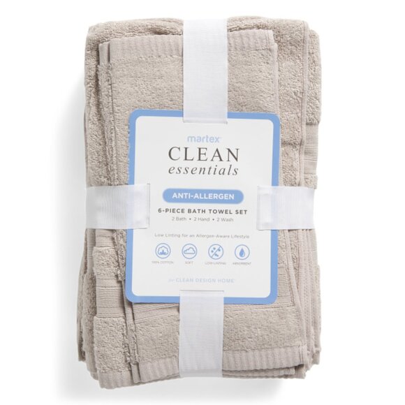 MARTEX Sand 6pc Clean Essentials Low Lint Solid Bath Towels Bundle